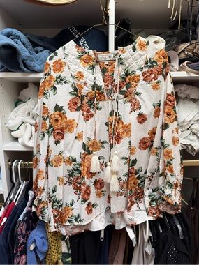 MILLE Floral Tassel Peasant Blouse - White with Orange Floral